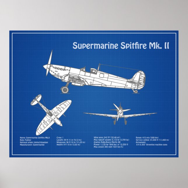 Supermarine Spitfire - Airplane Blueprint ABD Poster (Front)