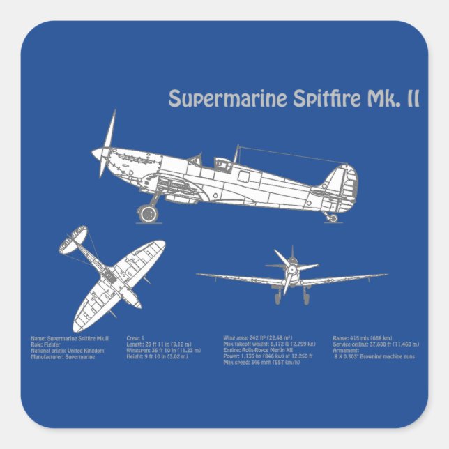 Supermarine Spitfire - Airplane Blueprint ABD Square Sticker (Front)