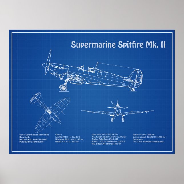 Supermarine Spitfire - Airplane Blueprint AD Poster (Front)