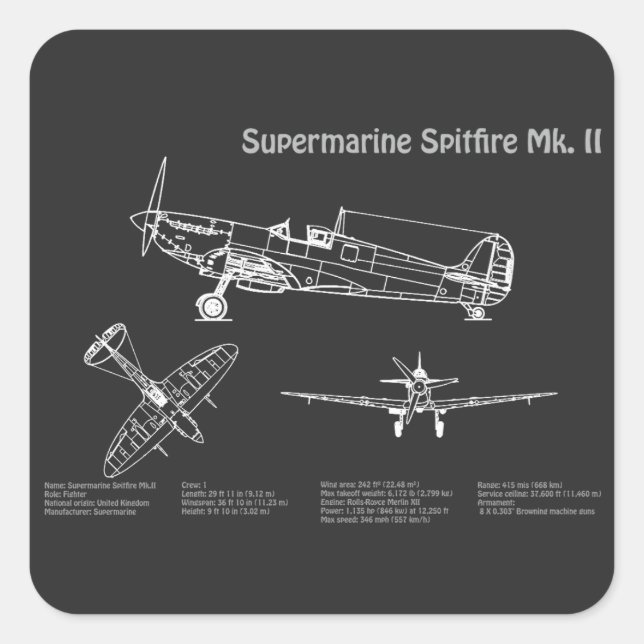 Supermarine Spitfire - Airplane Blueprint PD Square Sticker (Front)