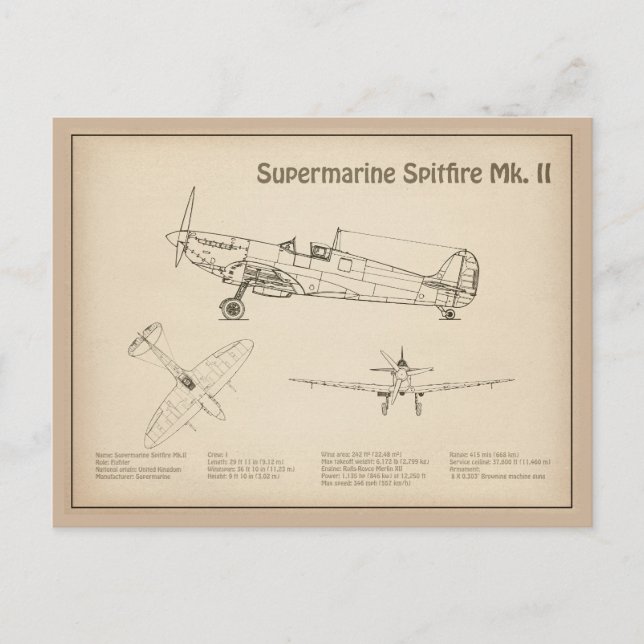 Supermarine Spitfire - Airplane Blueprint SD Postcard (Front)