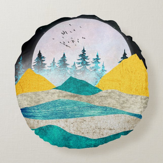 Supermoon Rising Landscape Round Pillow (Back)