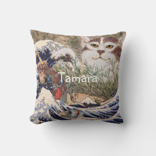 Supernatural Cat at the Great Wave Throw Pillow