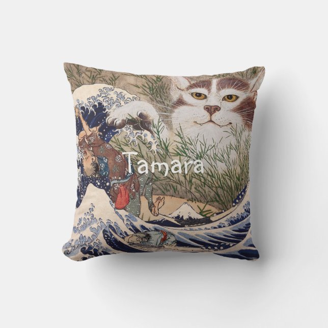Supernatural Cat at the Great Wave Throw Pillow (Front)