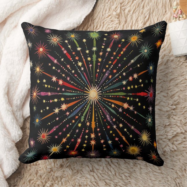 Supernova - Rainbow Stars Galaxy Black Retro Boho Throw Pillow (Blanket)