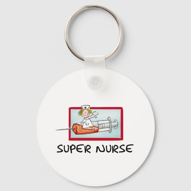 supernurse - Humorous Cartoon Nurse on Syringe. Keychain (Front)