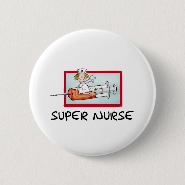 supernurse - Humourous Cartoon Nurse on Syringe. 2 Inch Round Button (Front)