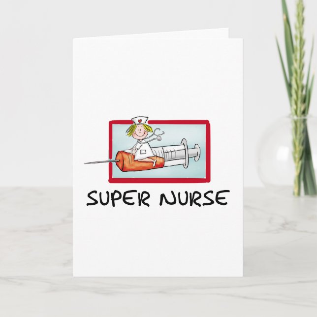 supernurse - Humourous Cartoon Nurse on Syringe. Card (Front)
