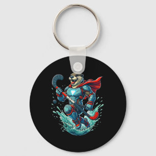Superpowered Otter Warrior With Hockey Stick  Keychain