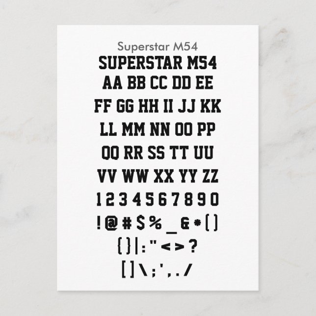 Superstar M54 - Zazzle Font Sampler Sheet Postcard (Front)