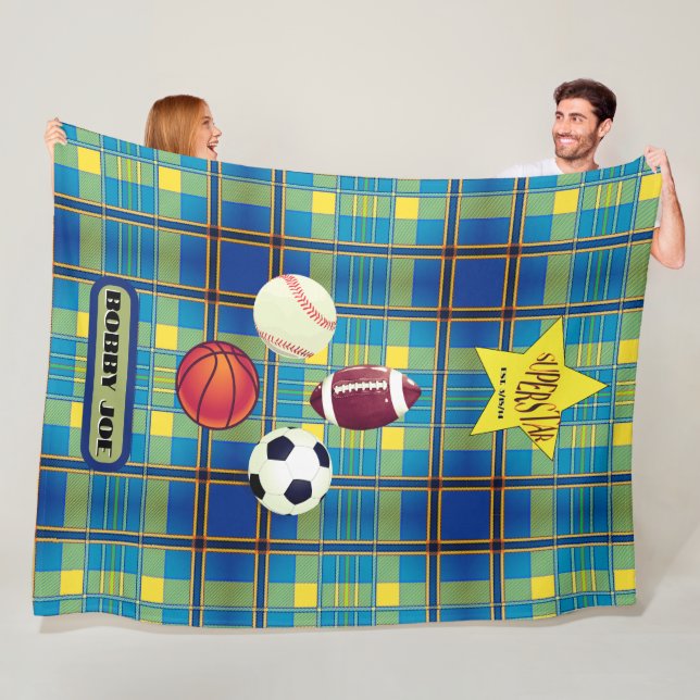 Superstar Tartan Blue Yellow  Fleece Blanket (In Situ)