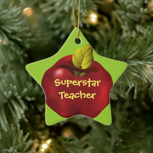 Superstar Teacher Red Apple Christmas Ceramic Ornament