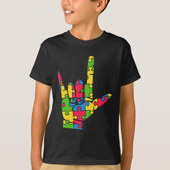 Support Autism Love Sign Language  T-Shirt (Front)