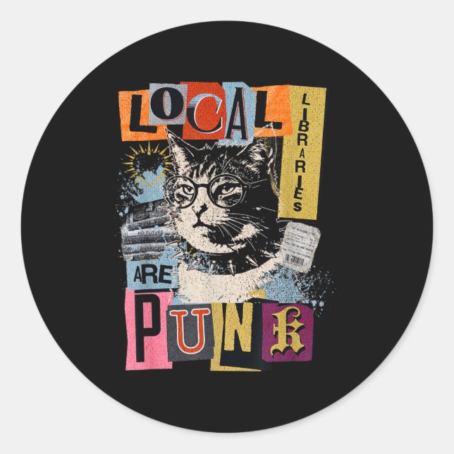 Support local library funny cat reading book y2k classic round sticker (Front)