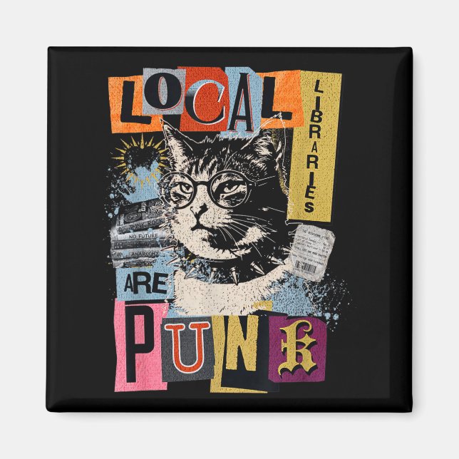 Support local library funny cat reading book y2k magnet (Front)