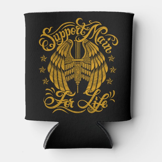 Support Main Yellow Syringe Wings Biker Can Cooler (Front)