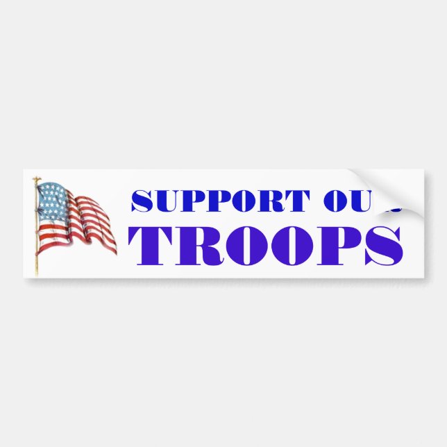 Support Our Troops Wording and USA American Flag Bumper Sticker (Front)