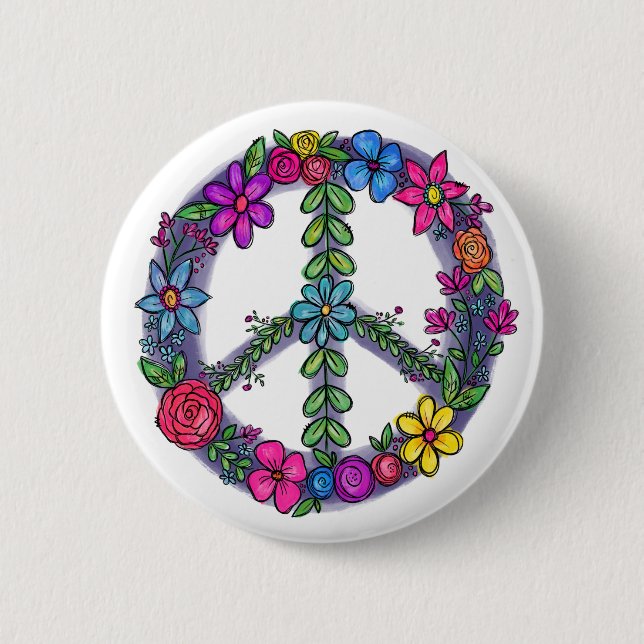Support Peace Sign Anti-War Flowers 2 Inch Round Button (Front)