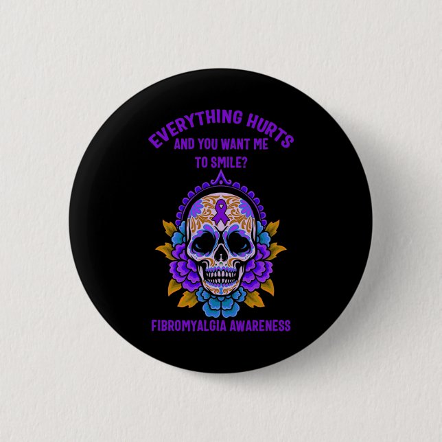 Support Purple Ribbon Fibromyalgia Awareness Skull 2 Inch Round Button (Front)