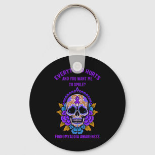 Support Purple Ribbon Fibromyalgia Awareness Skull Keychain