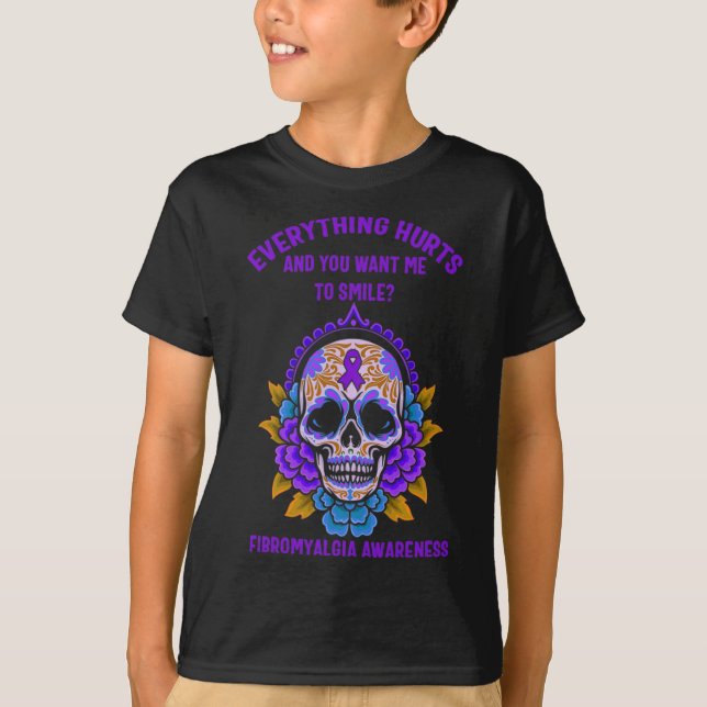 Support Purple Ribbon Fibromyalgia Awareness Skull T-Shirt (Front)