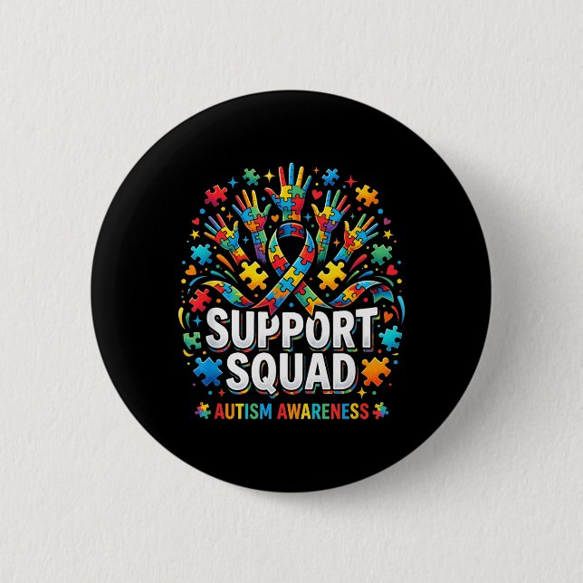 Support Squad Autism Awareness Puzzle Ribbon Hands 2 Inch Round Button (Front)