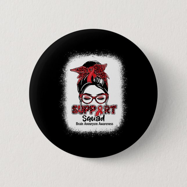 Support Squad Messy Bun Burgundy Ribbon Brain Aneu 2 Inch Round Button (Front)