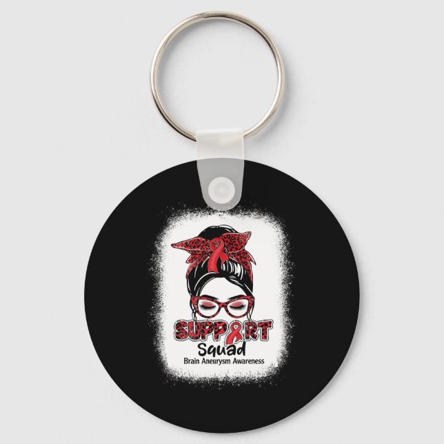 Support Squad Messy Bun Burgundy Ribbon Brain Aneu Keychain (Front)