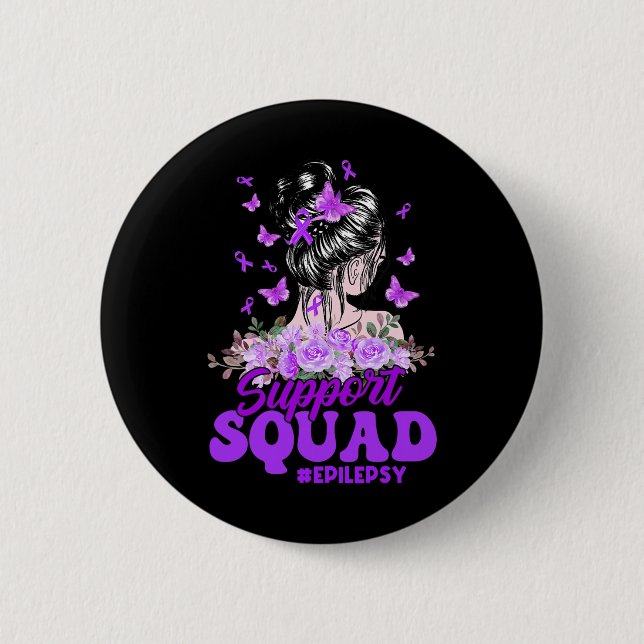 Support Squad Messy Bun Butterfly Purple Ribbon Ep 2 Inch Round Button (Front)