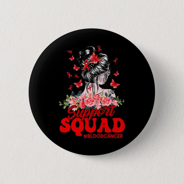 Support Squad Messy Bun Butterfly Red Ribbon Blood 2 Inch Round Button (Front)