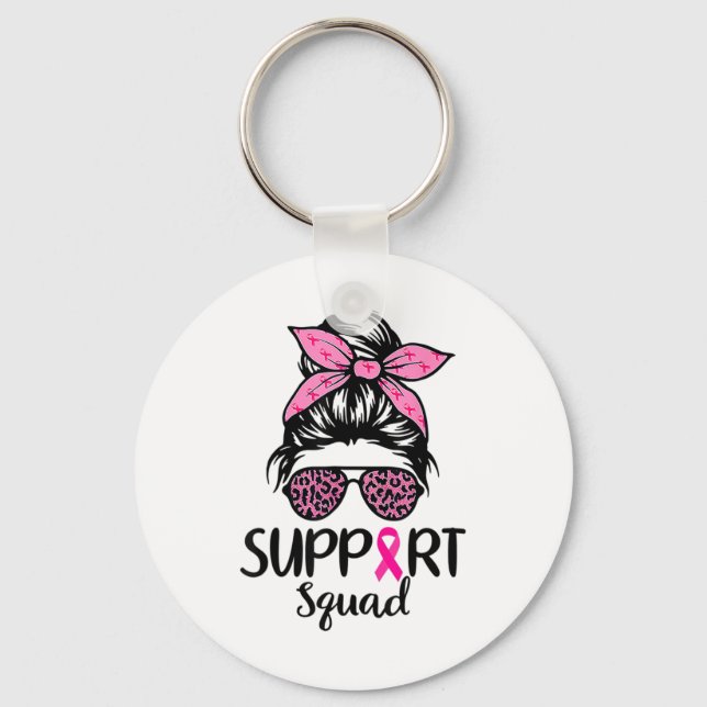 Support Squad Messy Bun Leopard Pink Breast Cancer Keychain (Front)