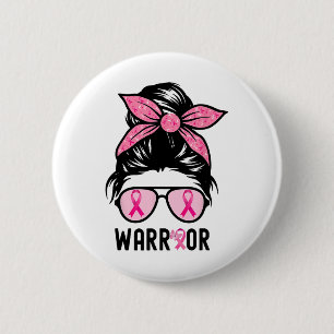 Support Squad Messy Bun Pink Warrior Breast Cancer 2 Inch Round Button