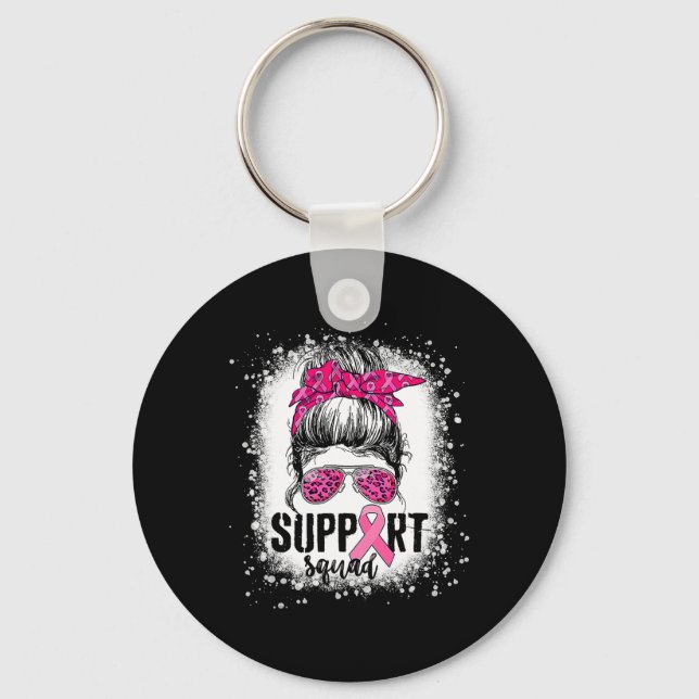 Support Squad Messy Bun Pink Warrior Breast Cancer Keychain (Front)