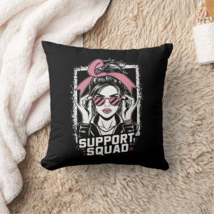 Support Squad Messy Bun Pink Warrior Breast Cancer Throw Pillow