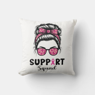 Support Squad Messy Bun Pink Warrior Breast Cancer Throw Pillow