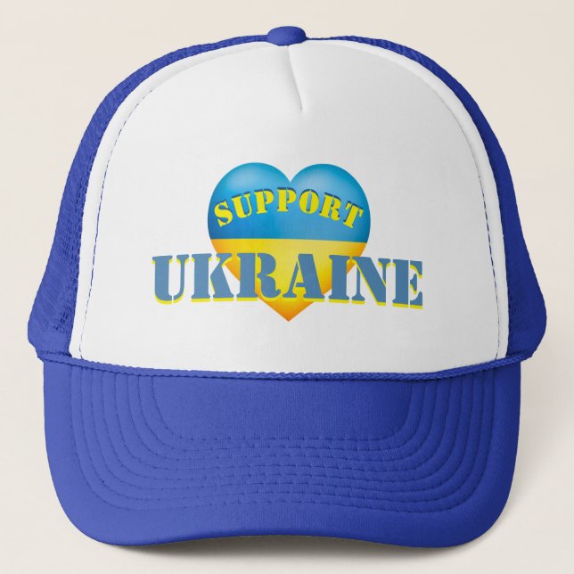 Support Ukraine Yellow and Blue Heart Trucker Hat (Front)