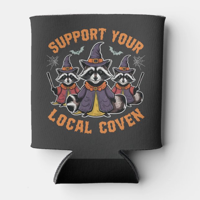 Support Your Local Coven Spooky Raccoon Halloween Can Cooler (Front)