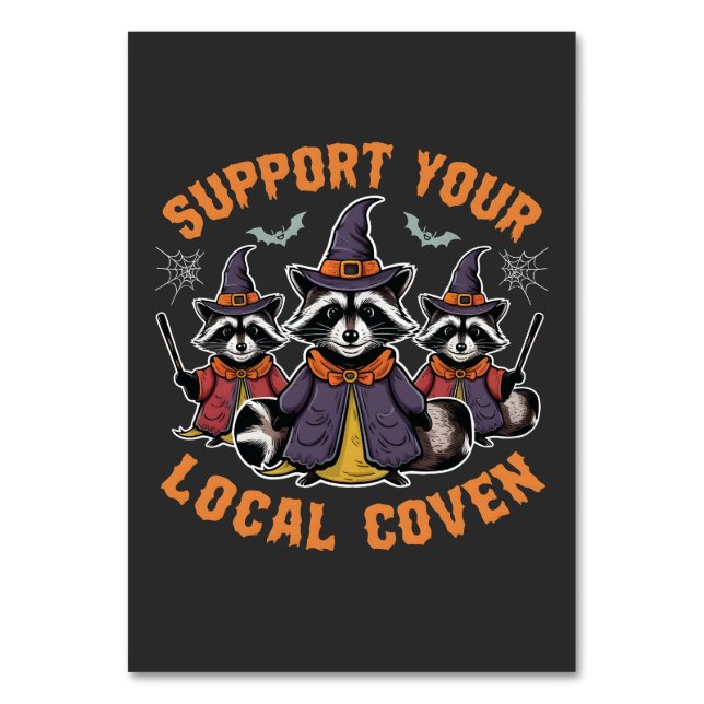 Support Your Local Coven Spooky Raccoon Halloween Table Number (Front)