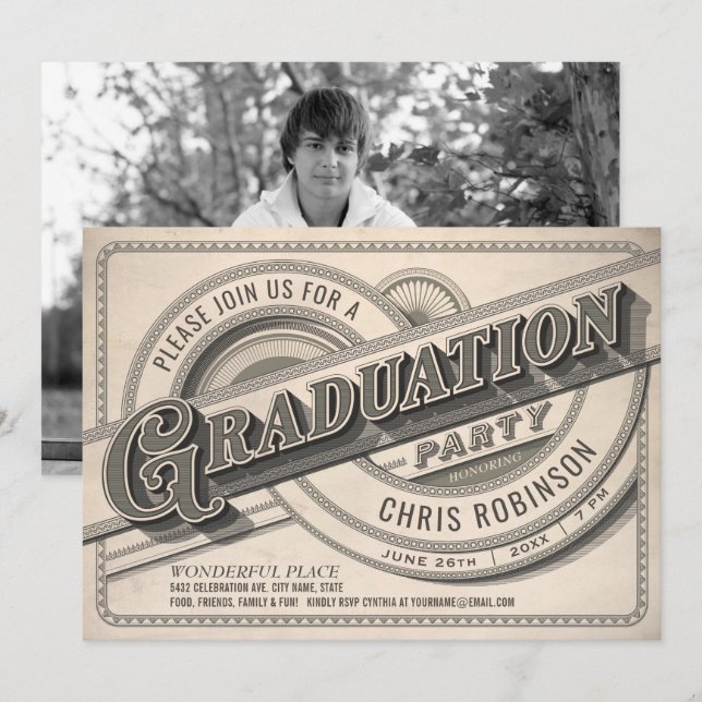 Supreme Vintage Graduation Party Invitations Photo (Front/Back)