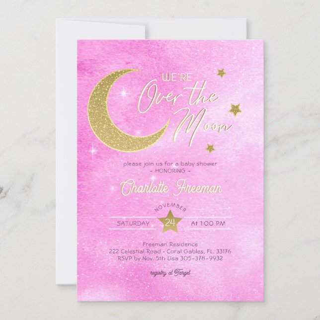 Sur la Lune Baby Girl Shower Invitation (Devant)