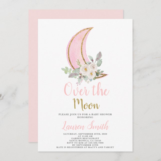 Sur la lune Baby shower fille Invitation (Devant / Derrière)