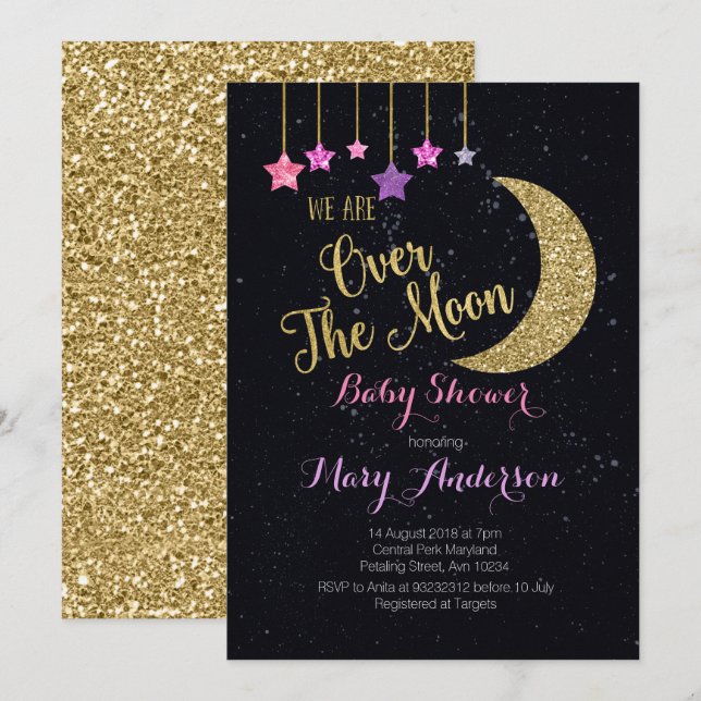 Sur la Lune Baby shower Invitation pour fille (Devant / Derrière)