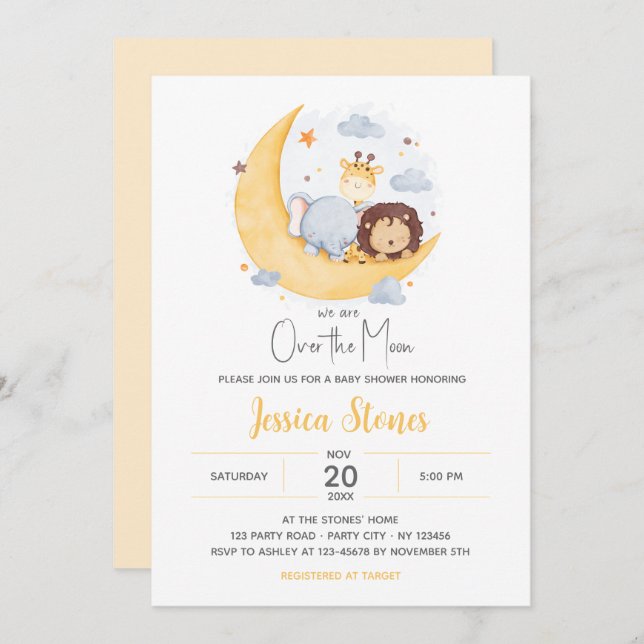 Sur la lune Douche bébé Invitations Animaux mignon (Devant / Derrière)