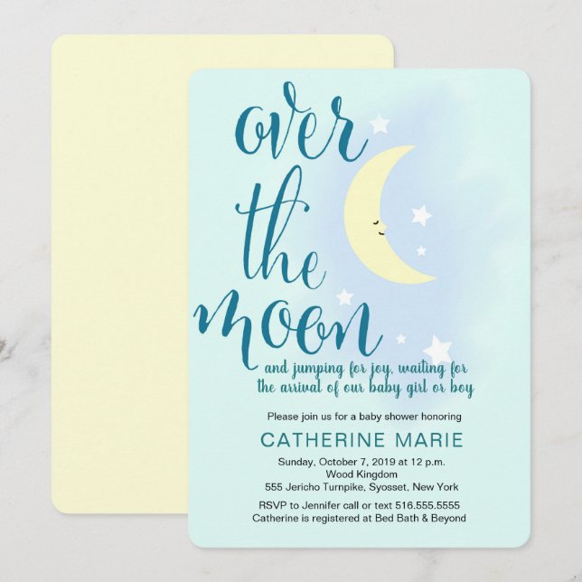 Sur la lune, étoiles, invitations à la douche bébé (Devant / Derrière)