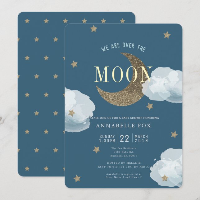 Sur la Lune Midnight Blue Baby shower Invitation (Devant / Derrière)