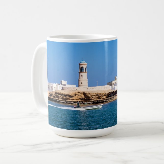 Sur Lighthouse with fisherman boat - Sur, Oman Coffee Mug (Front Left)