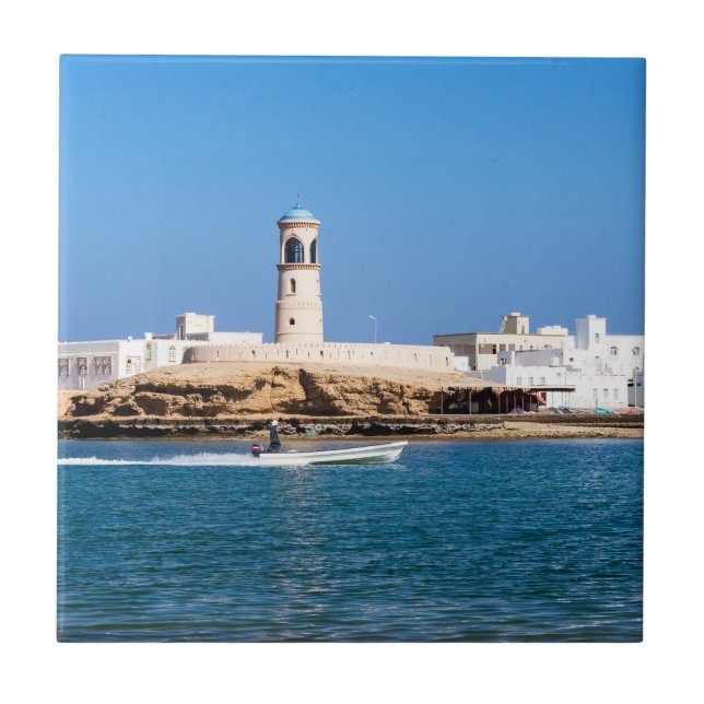 Sur Lighthouse with fisherman boat - Sur, Oman Tile (Front)