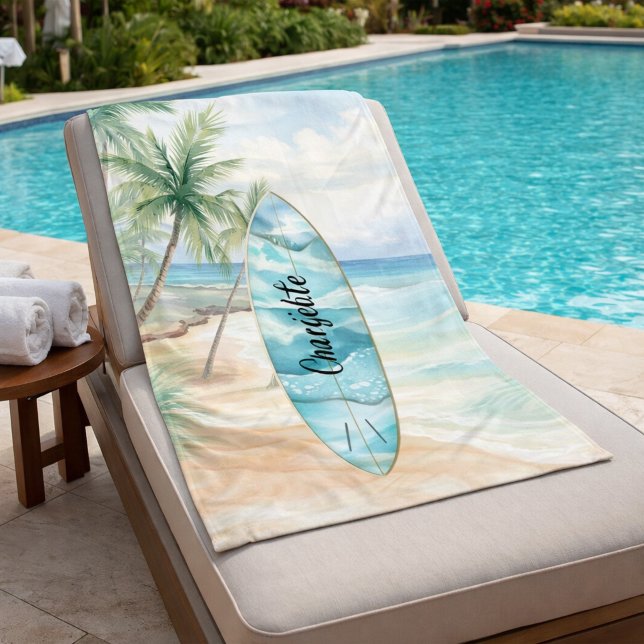 Surboard beach palm trees name fleece blanket (Creator Uploaded)