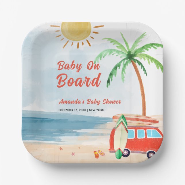 Surf Beach Baby On Board Baby Shower  Paper Plate (Front)