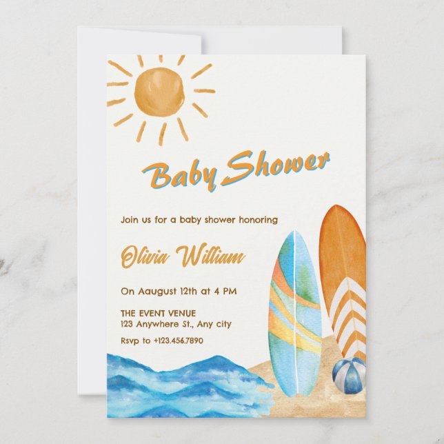 Surf beach party baby shower invitation (Front)